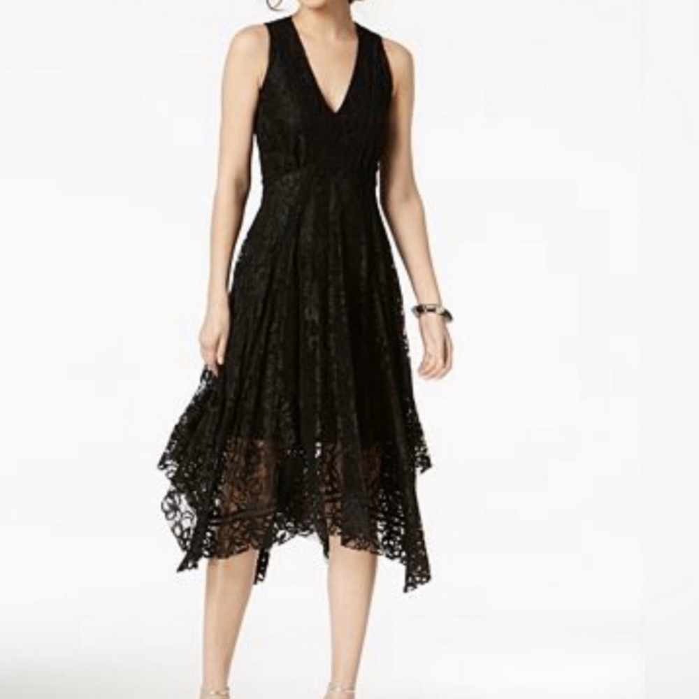 Taylor Black Sleeveless Lace Handkerchief Hem Midi Dress NWT Size 4